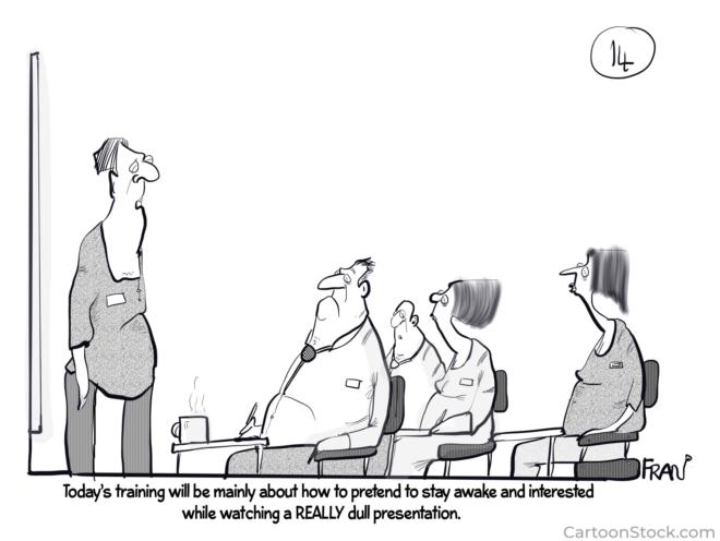 Cartoon depicting a company mandatory training event.